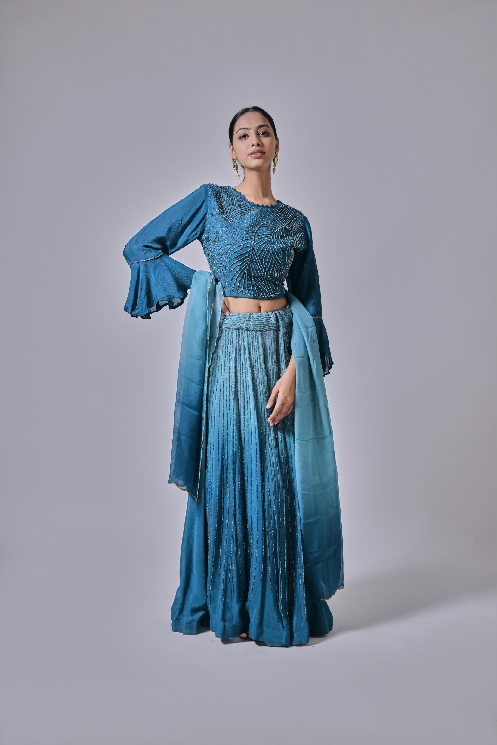 Blue Ombre Bell Sleeve Crop Top and Skirt Set